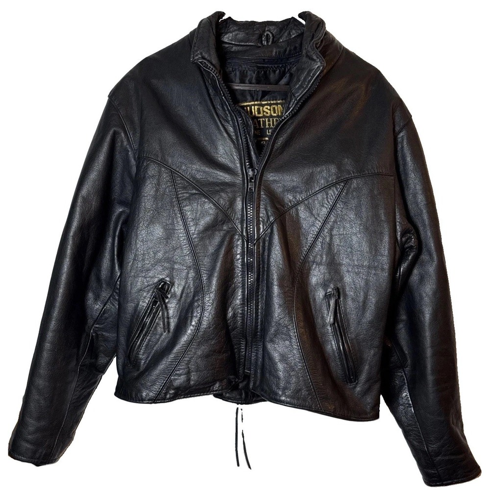 Vintage 1990s Hudson Leather Womens XL Black Genuine Leather Biker Jacket